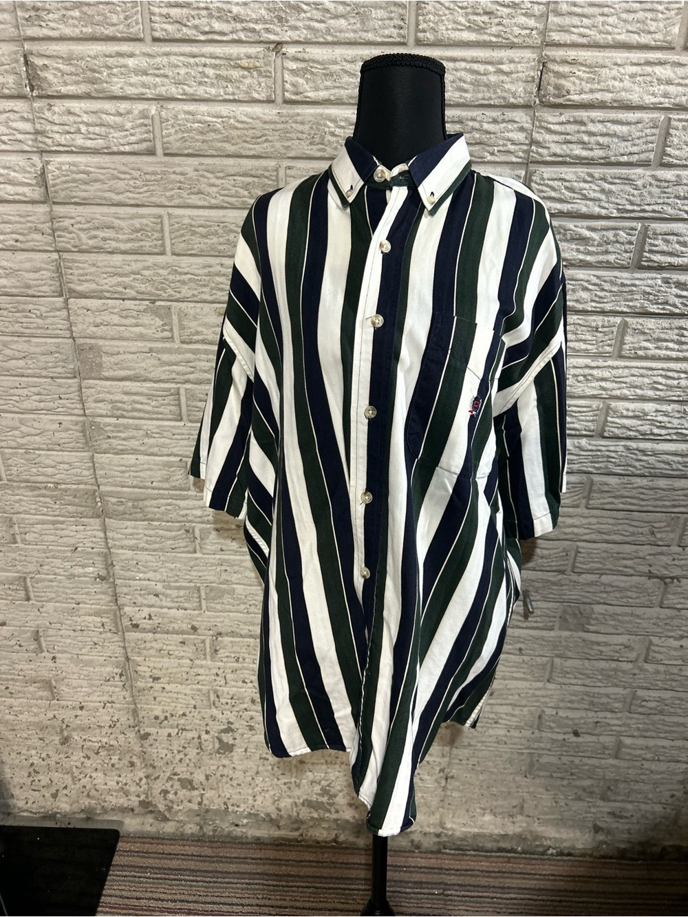 Men's Vertical Stripe Button-Down Shirt - Navy, White & Dark Green 90s Vintage